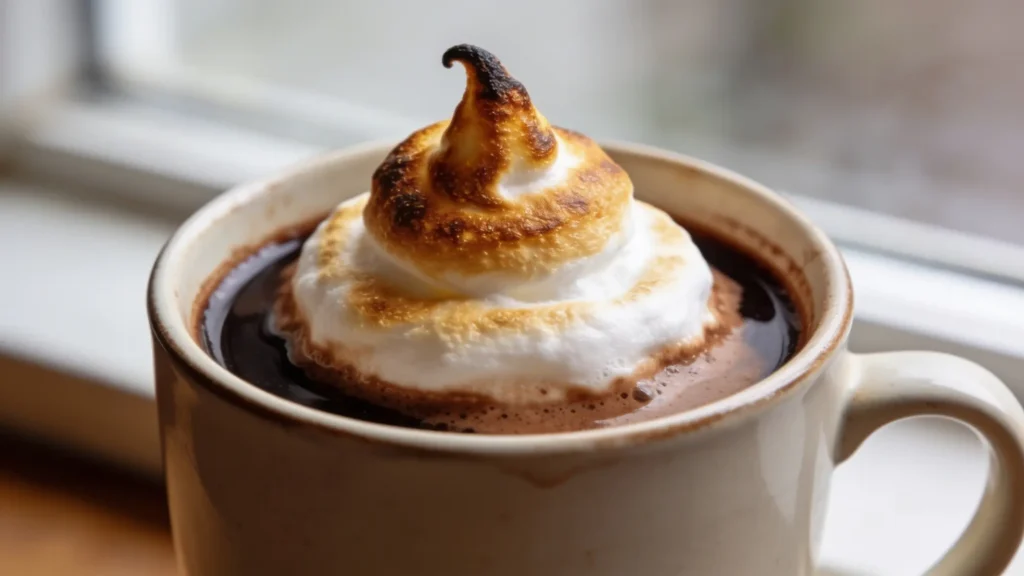 Two steaming mugs of hot cocoa topped with toasted marshmallows, ready to serve