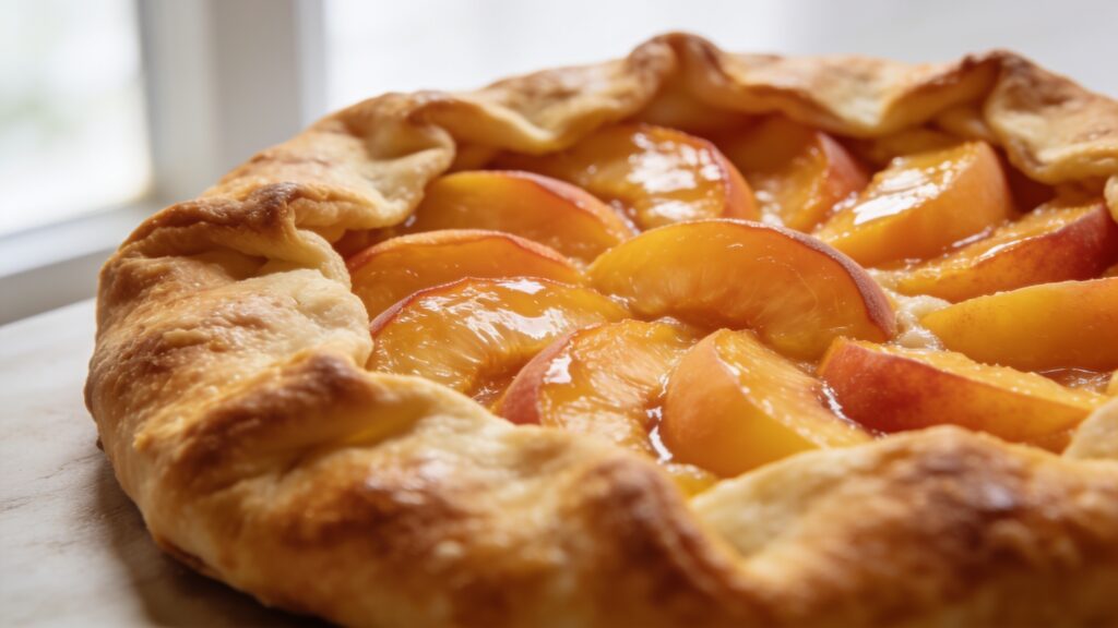 Rustic peach galette on a baking sheet with golden crust and fresh peach slices
