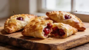 Golden brown puff pastry cherry turnovers on a wire rack