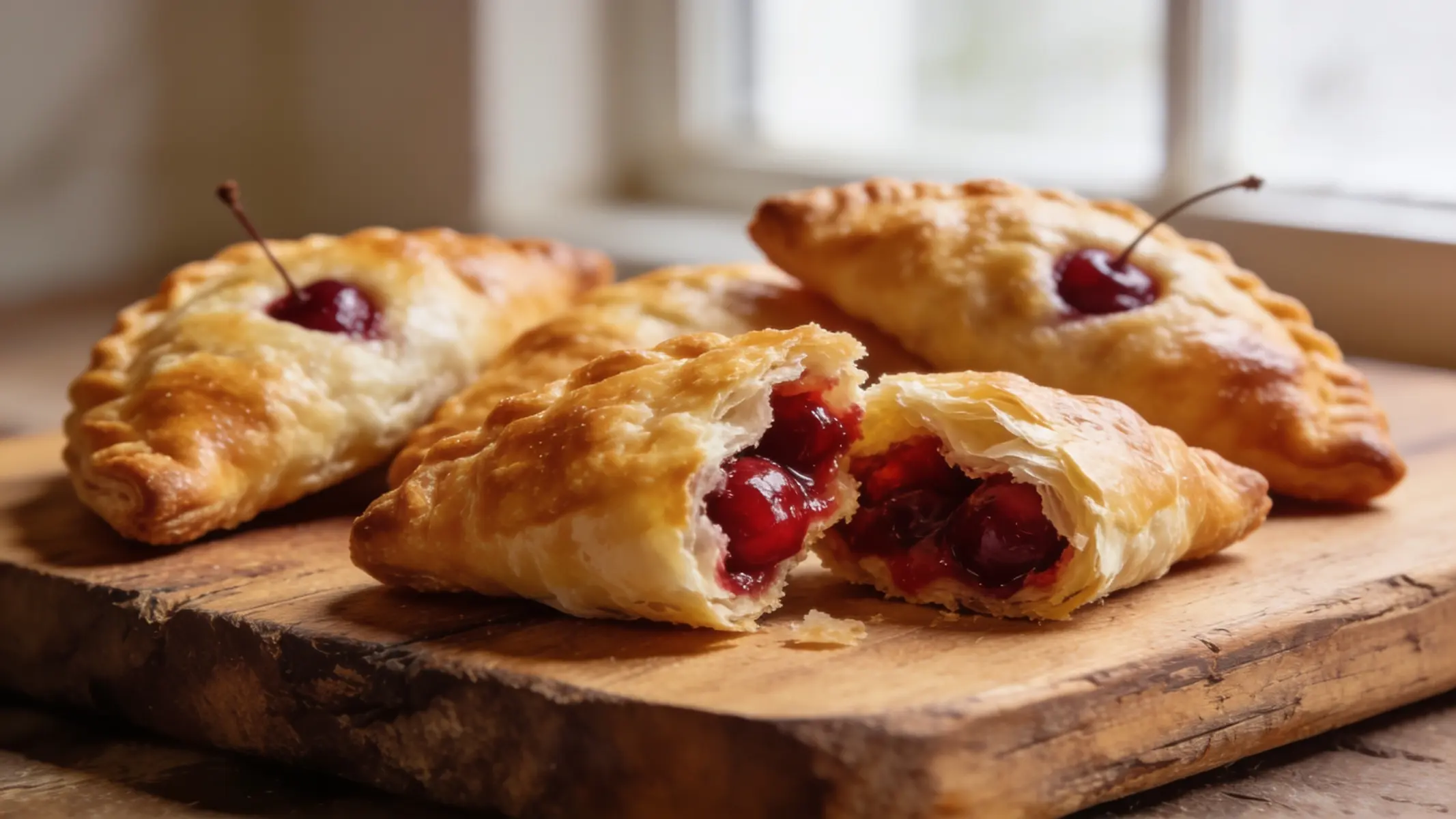Golden brown puff pastry cherry turnovers on a wire rack