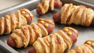 Plated mummy hot dogs wrapped in crescent dough strips with mustard eyes on a Halloween party tray