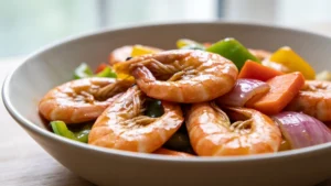 Shrimp chop suey in a glossy sauce with snow peas and bell peppers in a wok