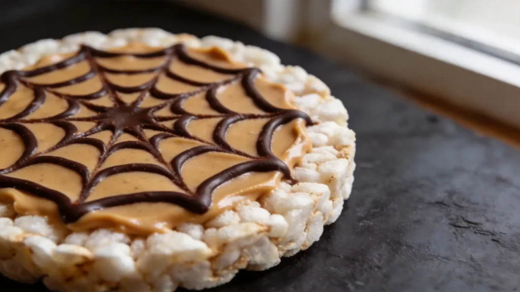 Halloween spider web rice cake snacks with peanut butter and dark chocolate on a plate