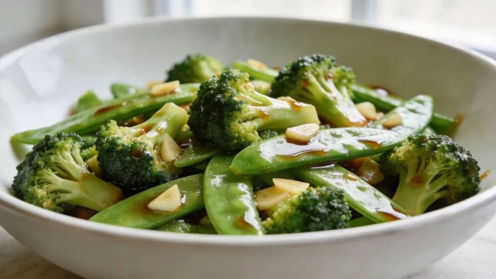 Colorful vegetable stir fry with broccoli, snap peas, and ginger tamari sauce in a wok