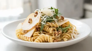 Warm pear and arugula pasta with shaved pecorino and toasted walnuts