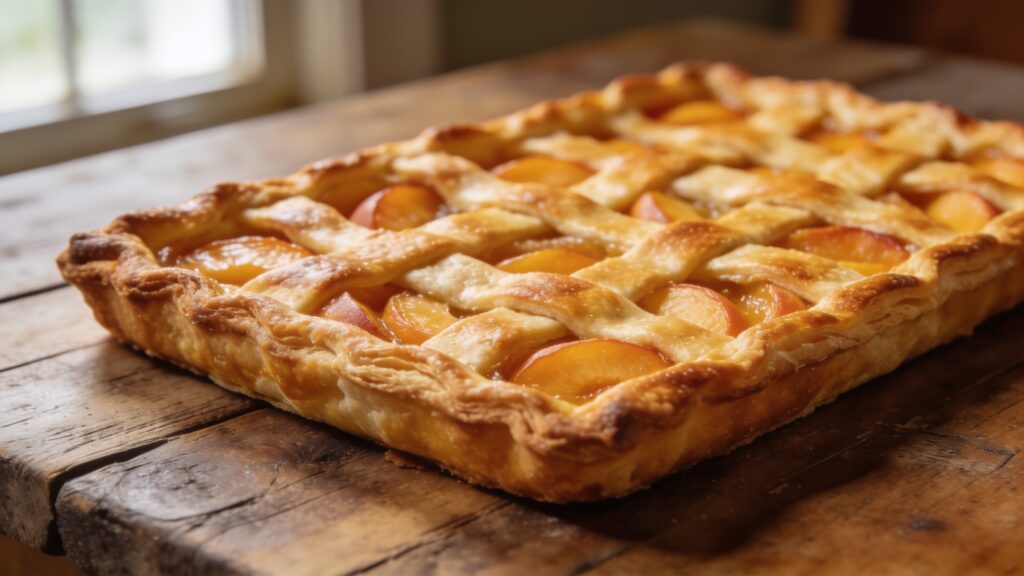 Fresh peach slab pie on a baking sheet with golden crust and peach filling