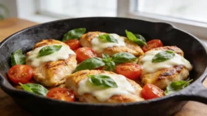 Caprese Chicken Skillet with cherry tomatoes, fresh basil, and melted mozzarella in a skillet