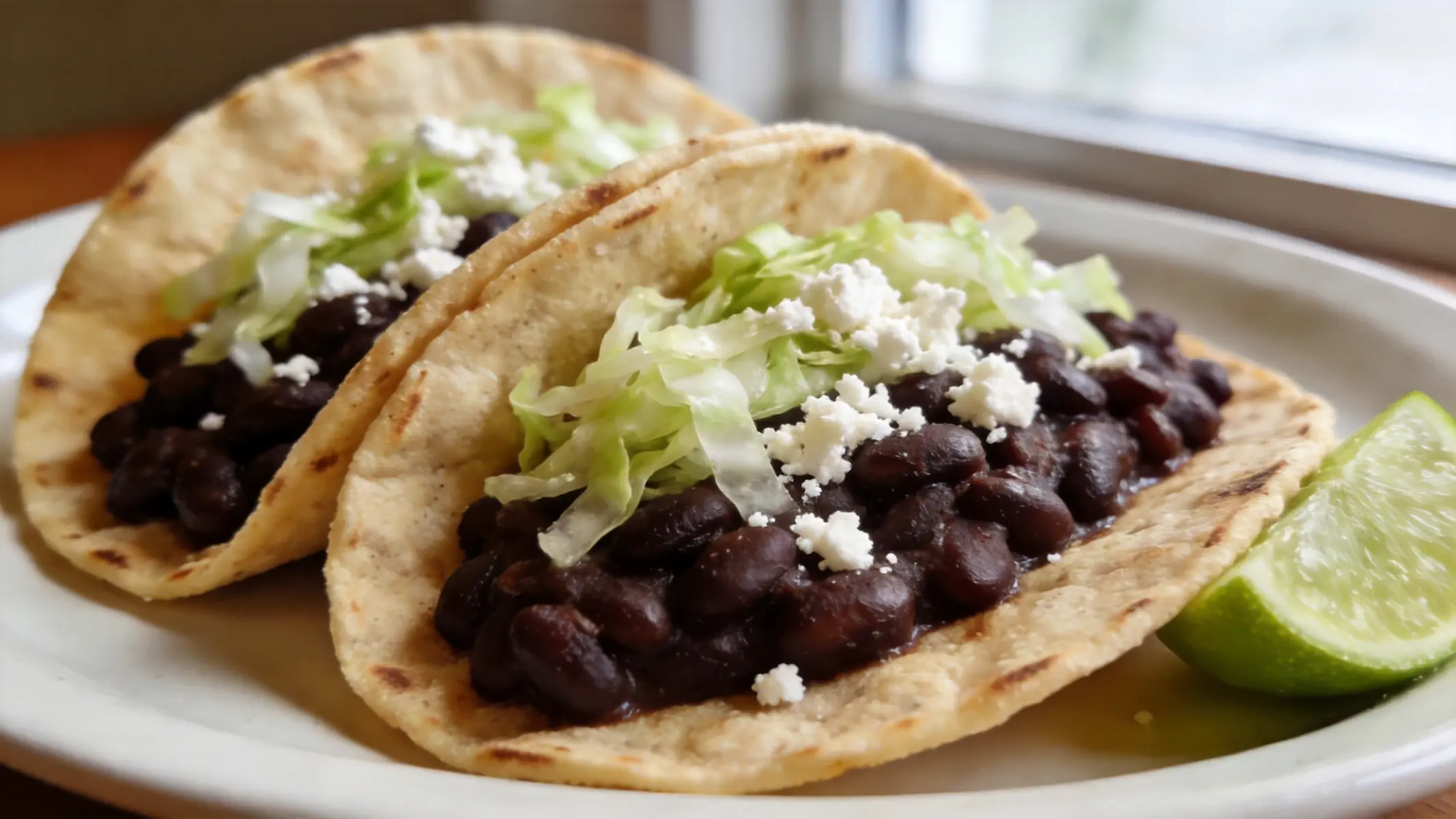 Two black bean tacos topped with pickled cabbage, lime crema, and cotija cheese on a plate