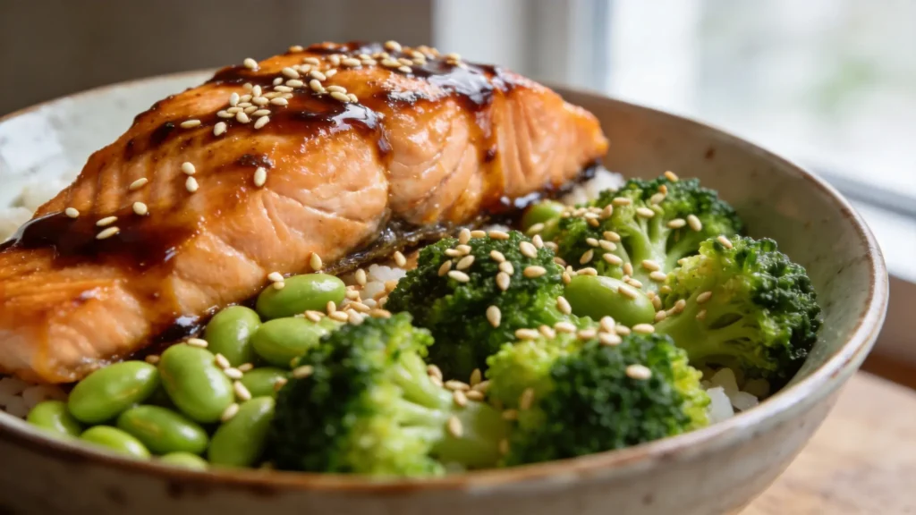 A teriyaki glazed salmon fillet on a bed of rice with steamed broccoli and edamame in a bowl