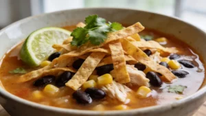 Bowl of smoky chicken tortilla soup topped with crispy tortilla strips, black beans, and roasted corn