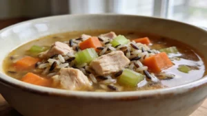 A bowl of creamy turkey and wild rice soup with carrots, celery, and herbs