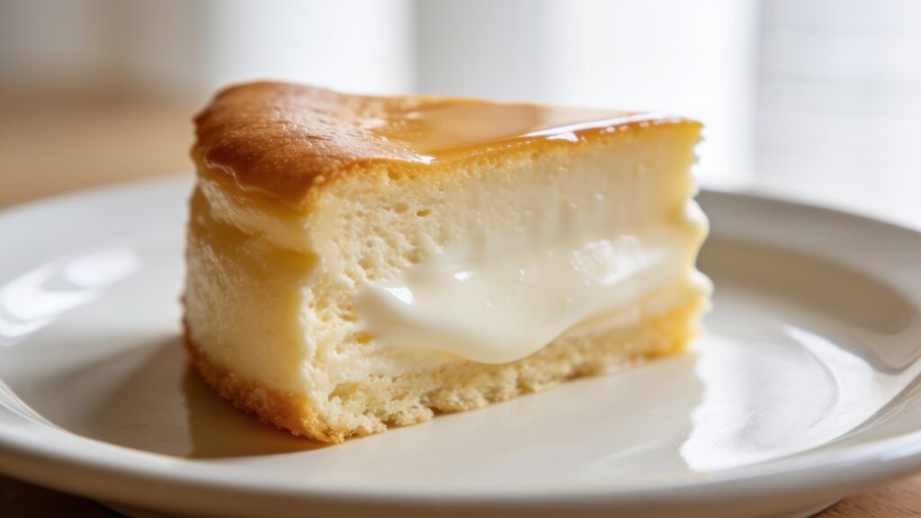 A jiggly Japanese cotton cheesecake sponge cake on a white plate, shaking softly, with a fork beside it.
