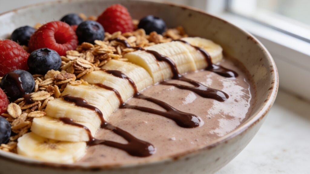 Banana split smoothie bowl topped with granola, berries, and chocolate sauce