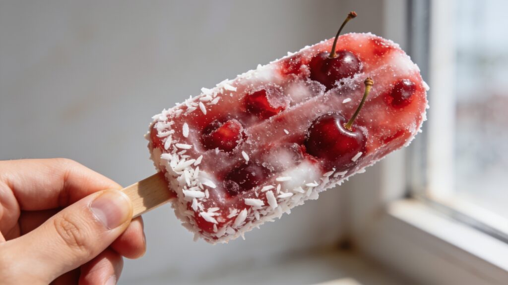 No-sugar cherry coconut popsicles on a wooden stick, vibrant red with coconut flakes.