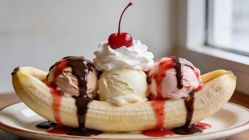 A classic diner banana split with three scoops of ice cream, hot fudge, strawberry sauce, and a cherry on top
