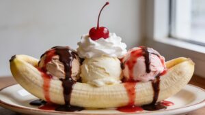 A classic diner banana split with three scoops of ice cream, hot fudge, strawberry sauce, and a cherry on top
