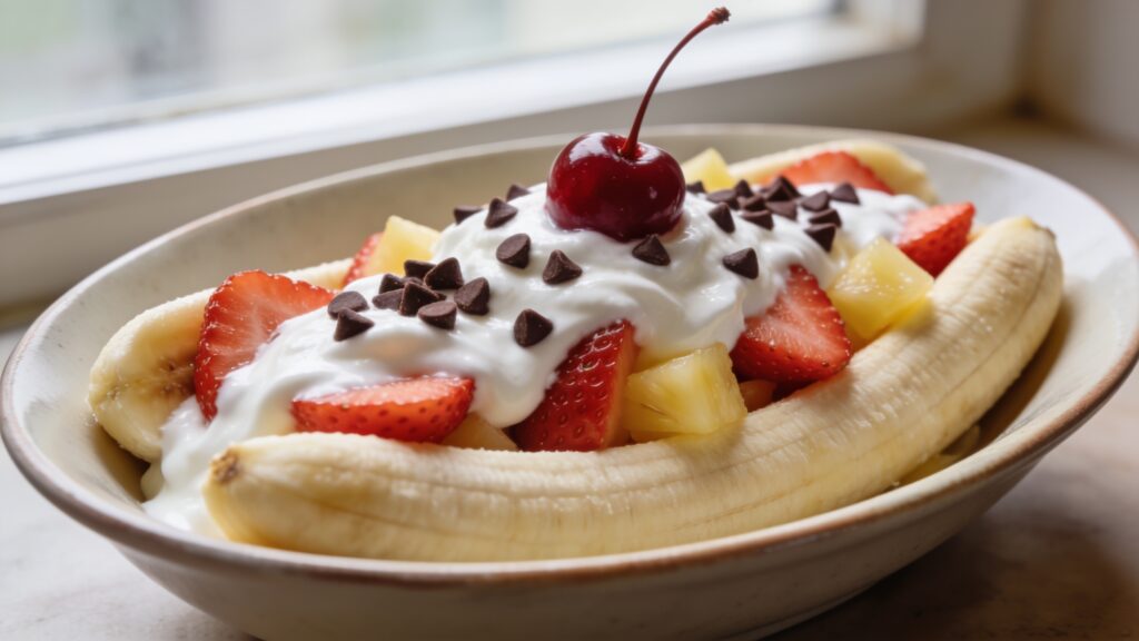 A skinny banana split made with Greek yogurt and fresh fruit toppings on a plate