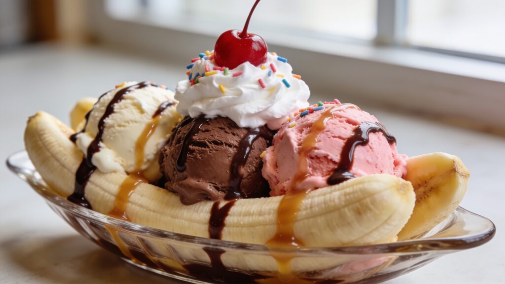 Ultimate banana split bar with five ice cream flavors, four sauces, and unlimited mix-ins on a summer table