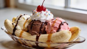 Ultimate banana split bar with five ice cream flavors, four sauces, and unlimited mix-ins on a summer table