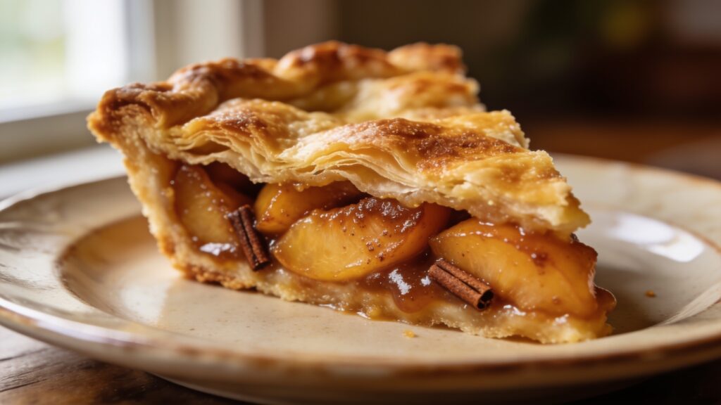 Golden brown sugar peach pie on a wooden table with lattice crust