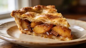 Golden brown sugar peach pie on a wooden table with lattice crust