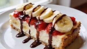 Whole banana split cheesecake topped with fresh banana slices, strawberry compote, and chocolate drizzle on a white serving plate
