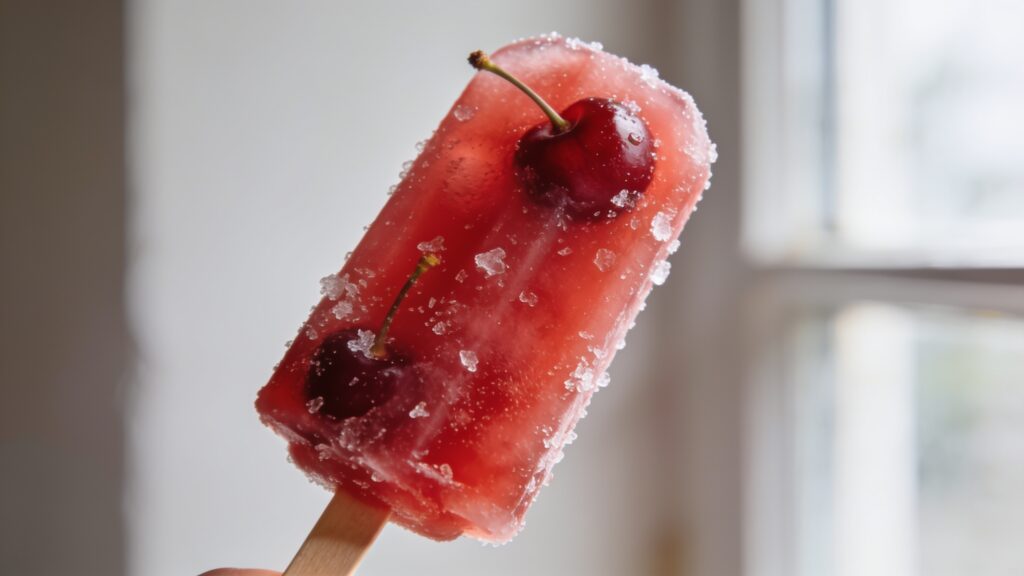 Cherry lemonade popsicles in a popsicle mold showing red color and lemon slices