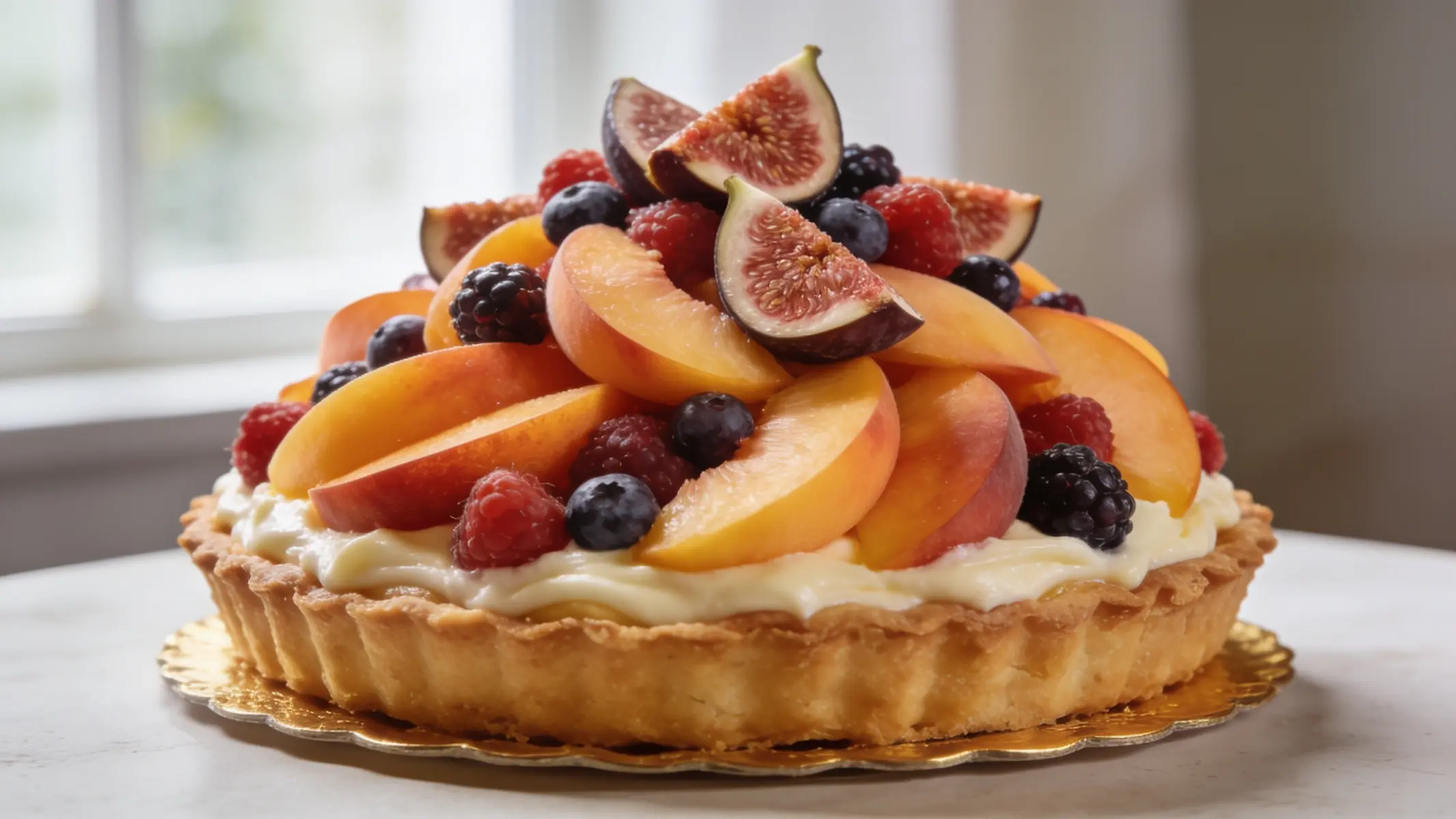 A stunning fresh fruit tart piled high with peaches, berries, and figs on silky pastry cream