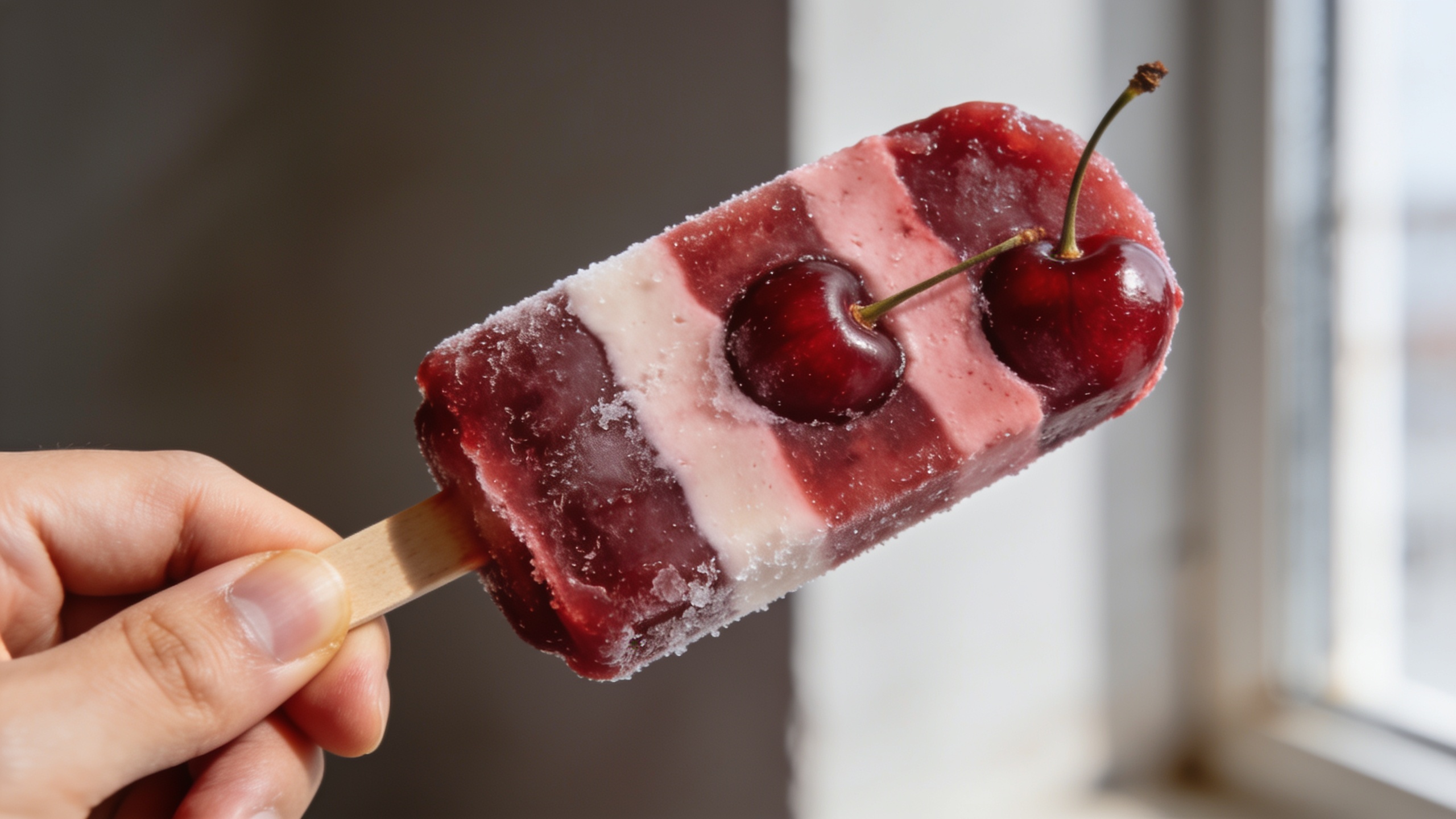 Three vibrant red cherry popsicles with distinct flavor layers on a wooden stick