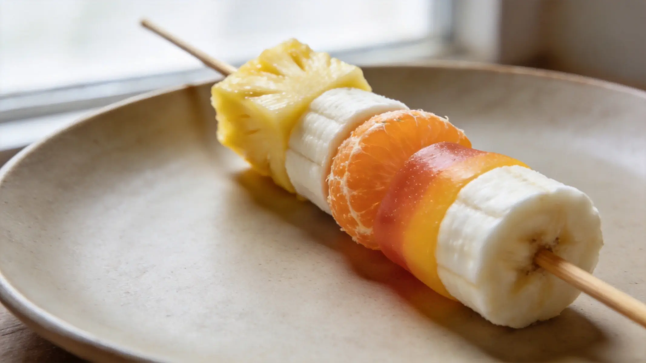 Candy corn fruit skewers with pineapple, mandarin, and banana on a white plate