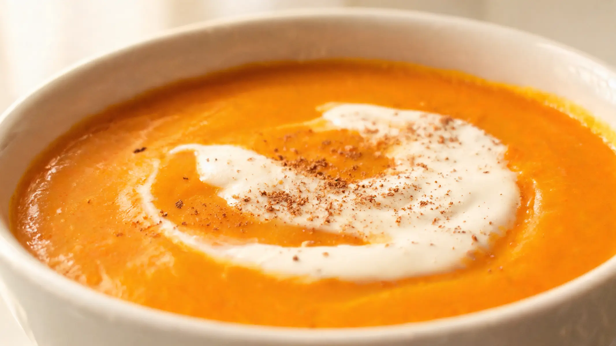 A bowl of creamy butternut squash bisque with a swirl of cream and nutmeg garnish