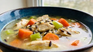 A bowl of classic chicken and wild rice soup with fall vegetables and fresh herbs