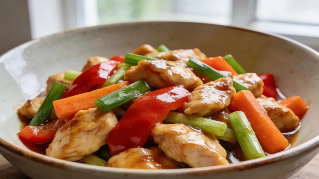 Home Plated classic chicken chop suey with crisp vegetables and savory sauce