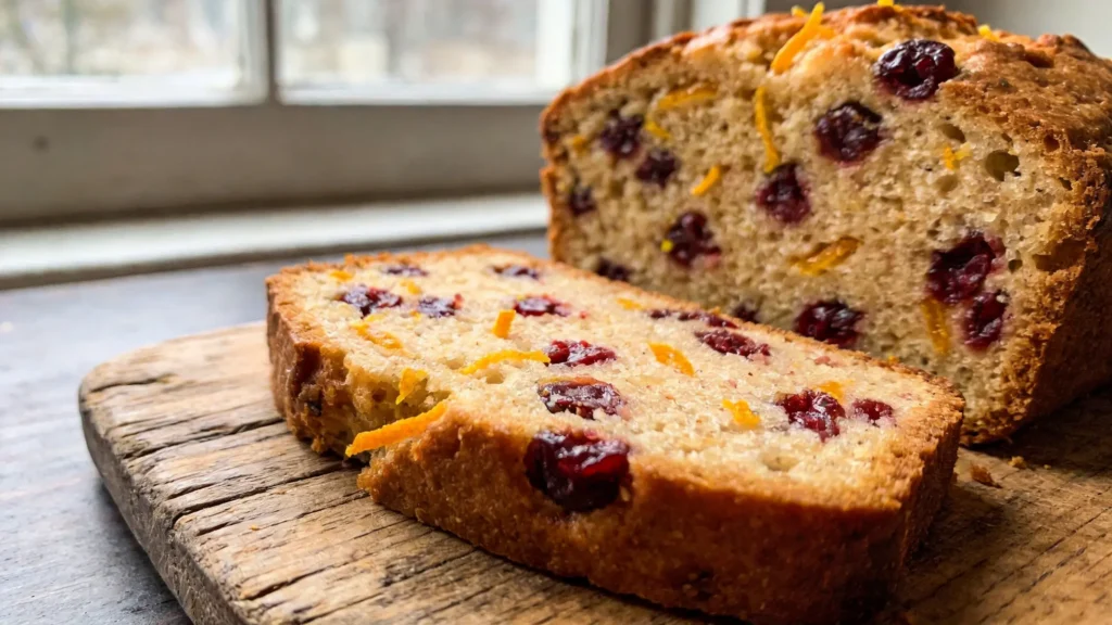 Moist classic cranberry orange loaf cake under 170 calories per slice, festive holiday treat