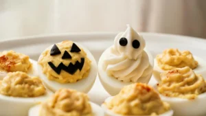 Classic deviled eggs decorated as Jack-o-lanterns and ghosts for Halloween