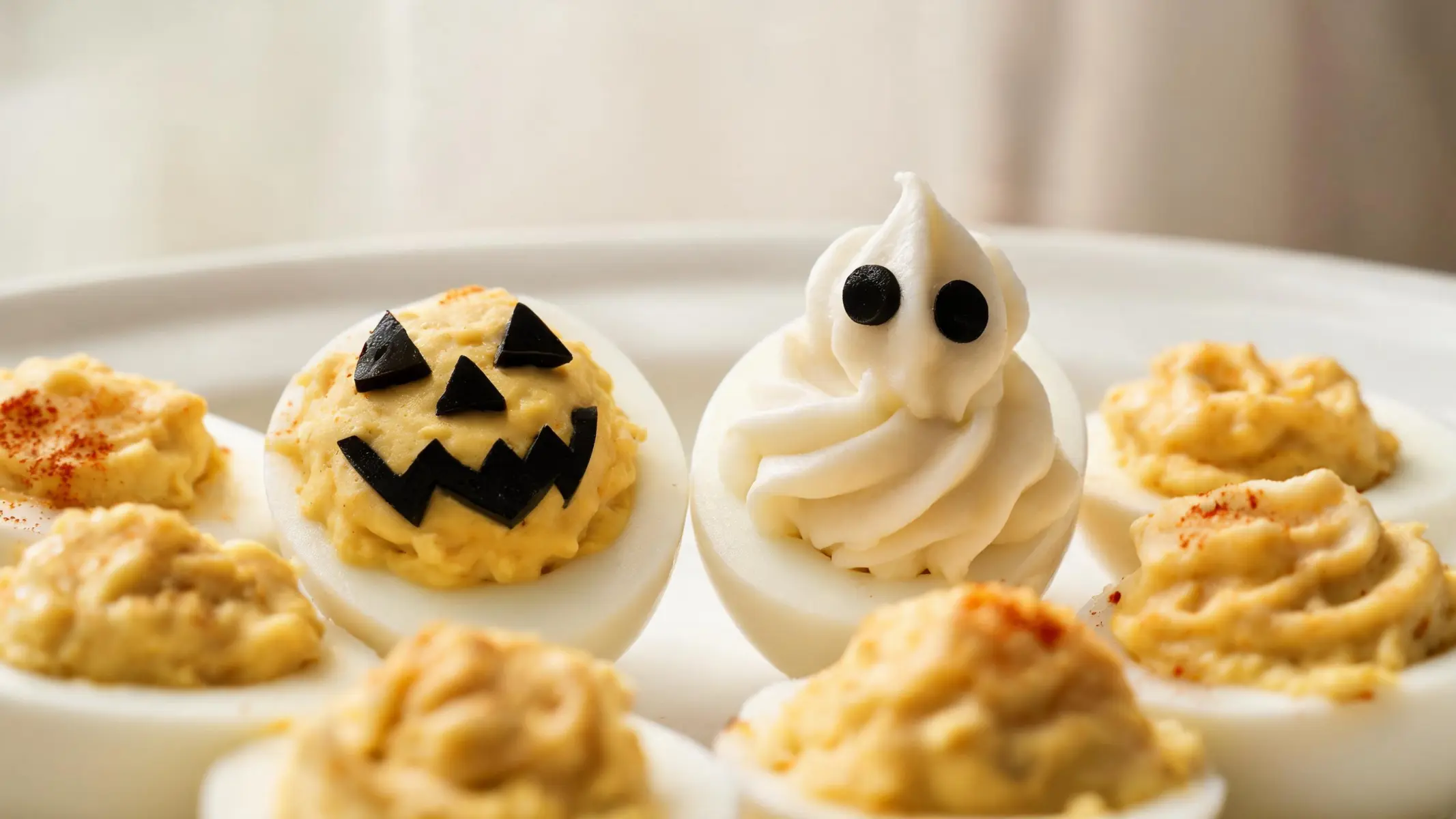 Classic deviled eggs decorated as Jack-o-lanterns and ghosts for Halloween
