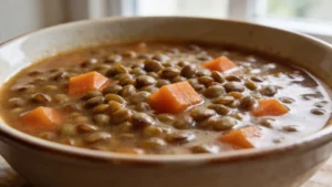 Bowl of classic French lentil soup with carrots and herbes de Provence