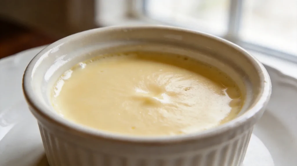 Smooth vanilla pots de crème in small ceramic cups on a linen napkin
