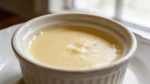Smooth vanilla pots de crème in small ceramic cups on a linen napkin