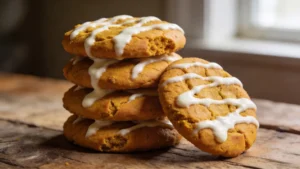Soft pillowy classic pumpkin cookies on a wire rack with cream cheese glaze