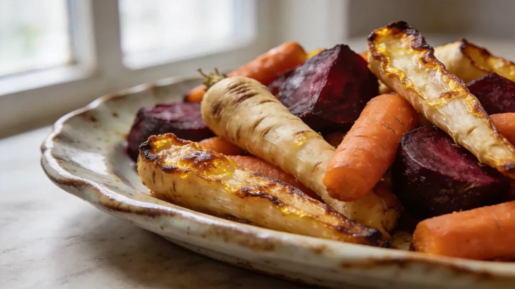 Golden caramelized roasted root vegetables with parsnips, carrots, and beets on a baking sheet