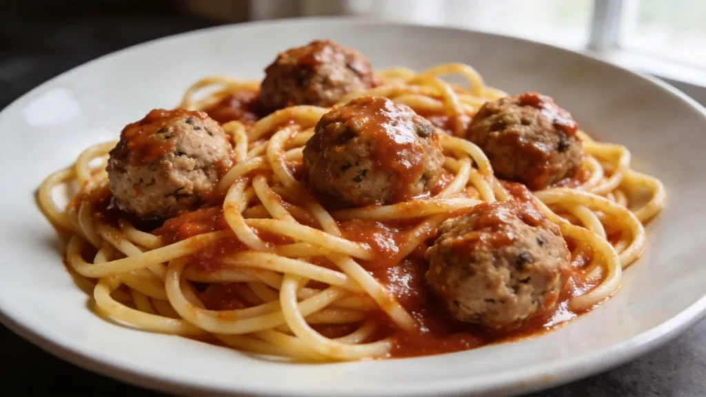 A plate of spaghetti with turkey meatballs and marinara sauce