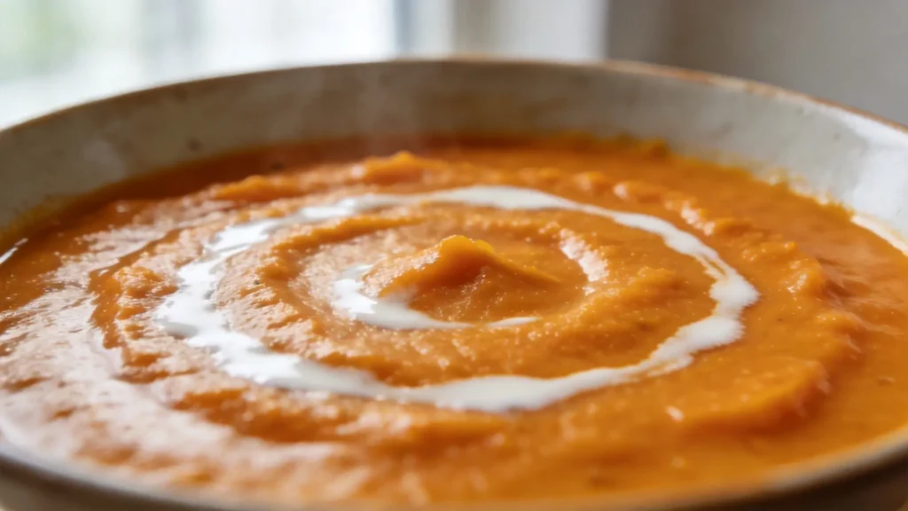 Velvety sweet potato soup with a swirl of coconut milk and a sprinkle of spices in a bowl