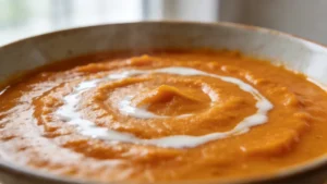 Velvety sweet potato soup with a swirl of coconut milk and a sprinkle of spices in a bowl