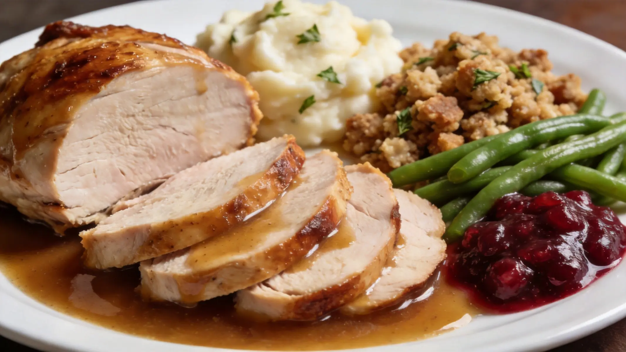 Plated classic turkey dinner with stuffing, mashed potatoes, and green beans under 550 calories
