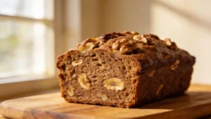Moist vegan banana walnut bread loaf on a cooling rack, topped with walnuts
