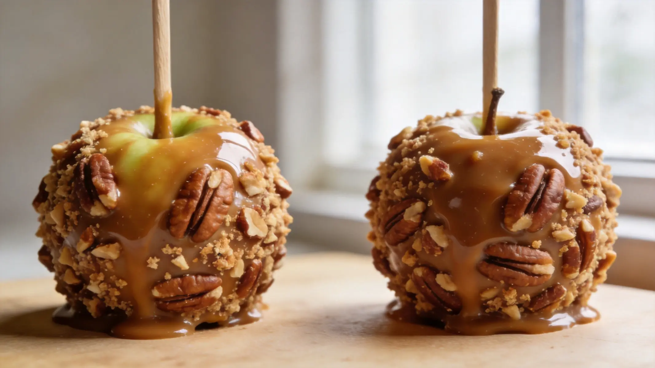 Vegan caramel apples on a plate, drizzled with coconut caramel and topped with crushed pecans