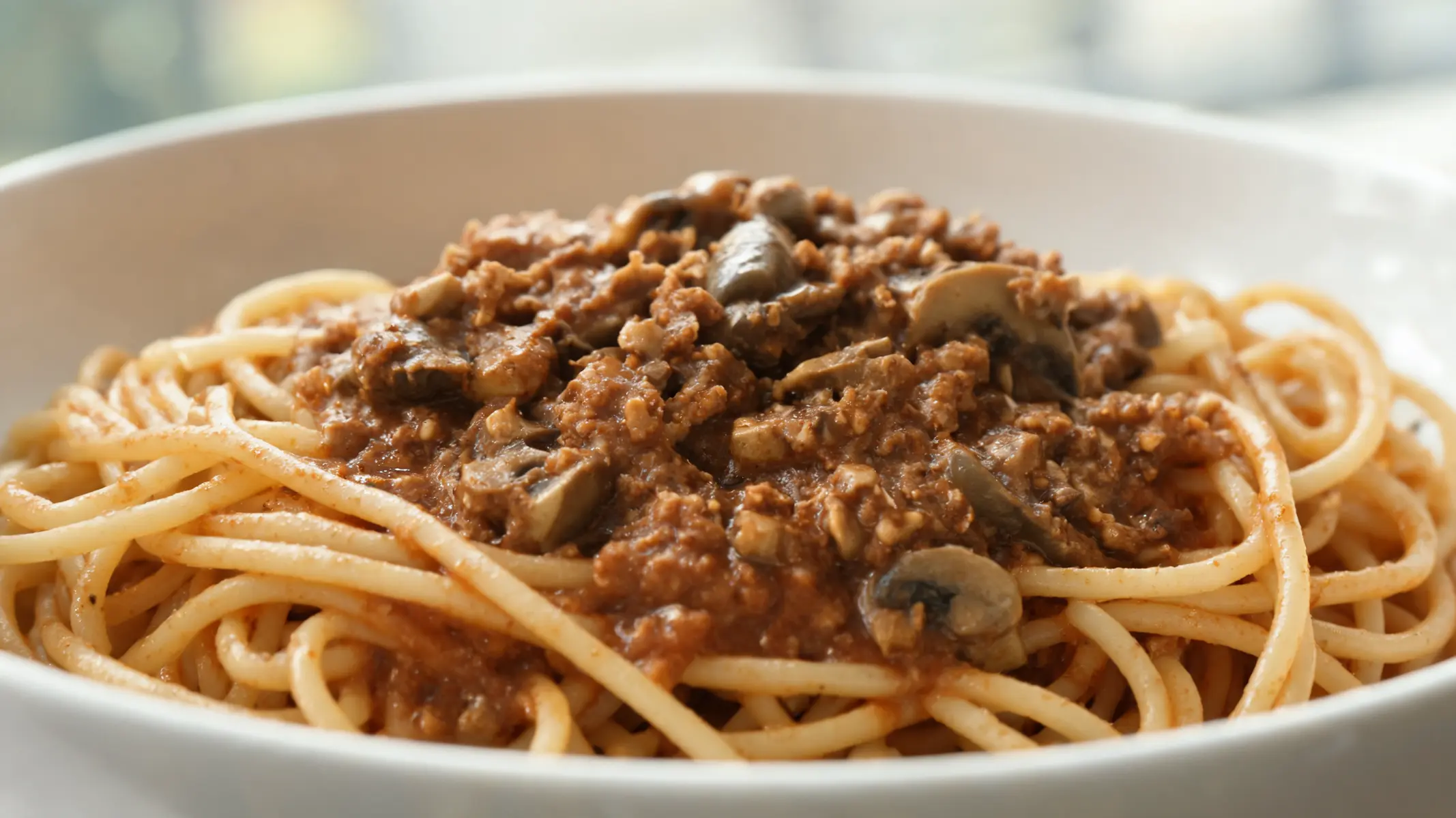 A generous serving of vegan mushroom Bolognese over spaghetti, garnished with fresh basil and vegan parmesan.