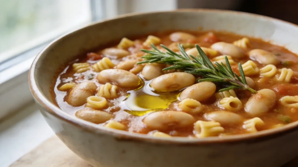 A hearty bowl of classic vegan pasta e fagioli with cannellini beans and small pasta shapes, garnished with rosemary