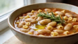 A hearty bowl of classic vegan pasta e fagioli with cannellini beans and small pasta shapes, garnished with rosemary